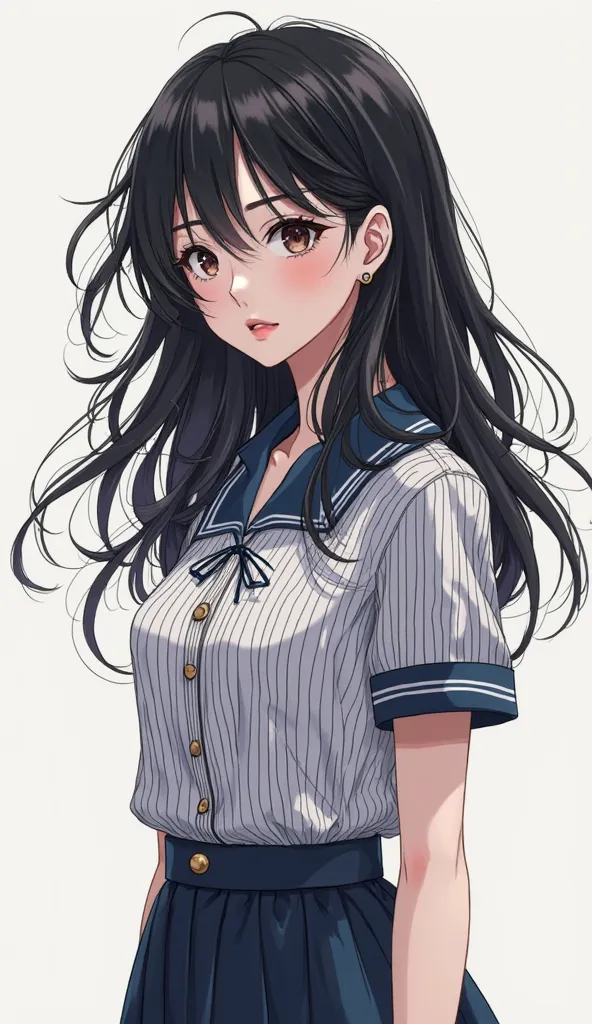 straight hair that reaches the shoulders - (Short sleeve襟付ボーダーシャツ)（((Short sleeve))） - Onyx　striped collared shirt　 long hair　Short sleeve　Anime Picture　 hair is unraveling after vaginal 　　黒髪long hair　25 year old OL 　I'm worried about which one is better　r...