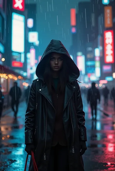 high quality,  8K Ultra HD, The neon city of the future, streets are immersed in darkness, it&#39;s raining. Screens with only English inscriptions flash in the distance, there are no inscriptions in other languages. A girl walks into an underground cyber ...