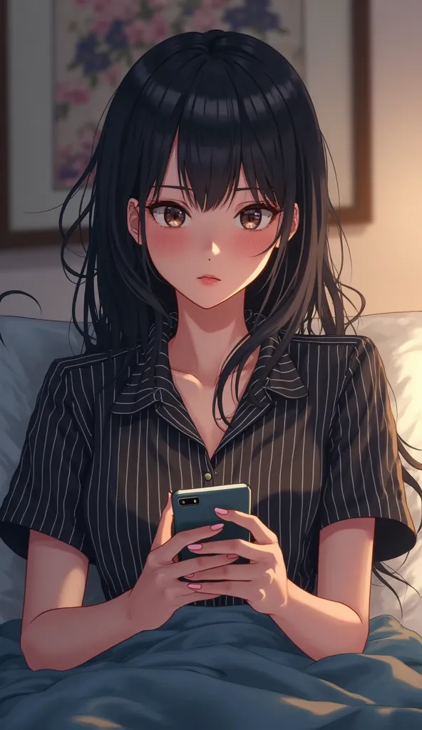 straight hair that reaches the shoulders - (Short sleeve襟付ボーダーシャツ)（((Short sleeve))） - Onyx　striped collared shirt　 long hair、　Short sleeve　Anime Picture　 hair is unraveling after vaginal 　　黒髪long hair　25 year old OL 　I'm relaxing in my room and looking at...