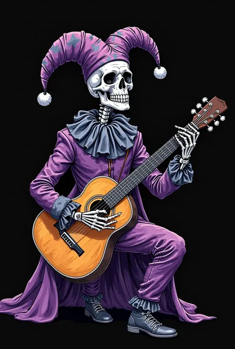 Flyer for an acoustic rock show, in which in the middle there is a skeleton harlequin dressed in black and violet, with galley mixed with the harlequin hat, Sitting with an acoustic guitar, black background, Not including words, in drawing style