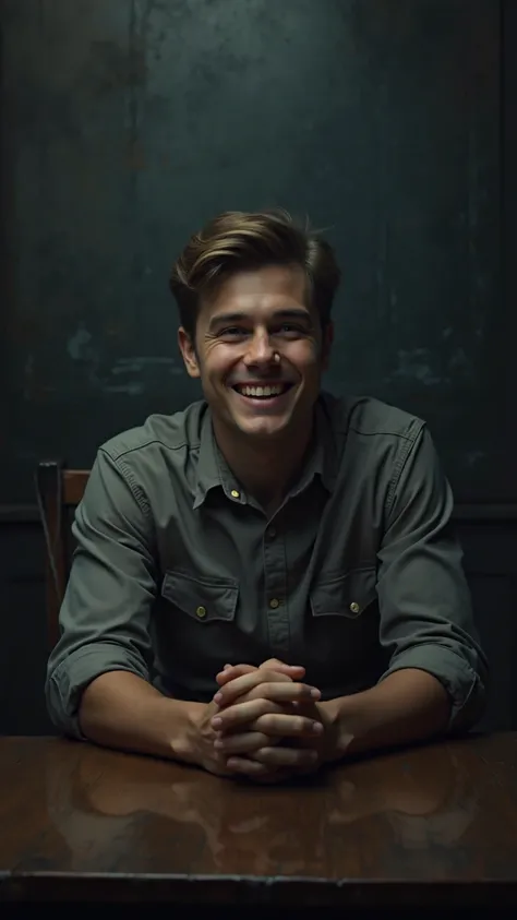 A young man is sitting at a table with a smile on his face, dark background, gloomy