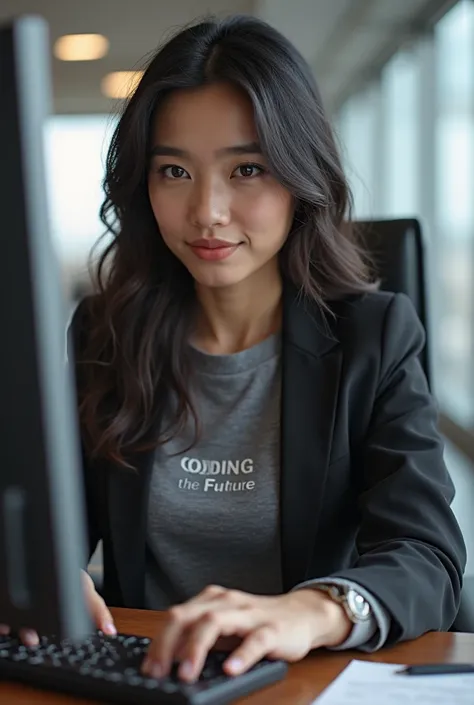 Create a very attractive model, She is sitting using the computer, She's wearing a shirt that says Coding the Future.