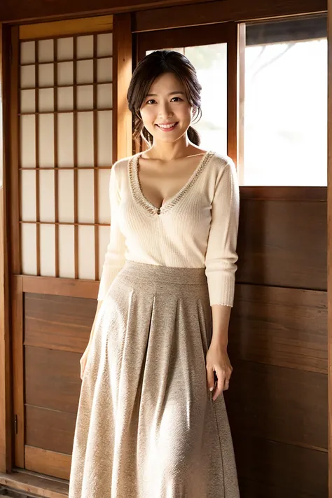 Small breasts but beautiful boobs、40 year old cute Japanese woman、Knitted clothing、long skirt with low skin exposure、Cafe、 has a nice smile、