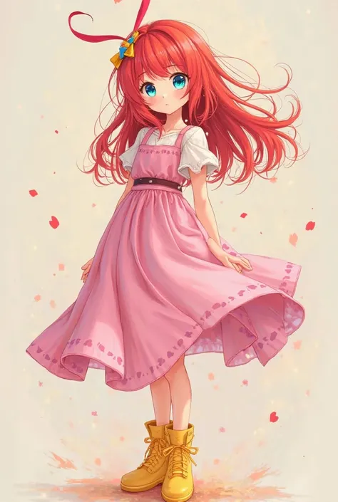 Anime girl with red hair blue eyes pink dress and yellow boots 