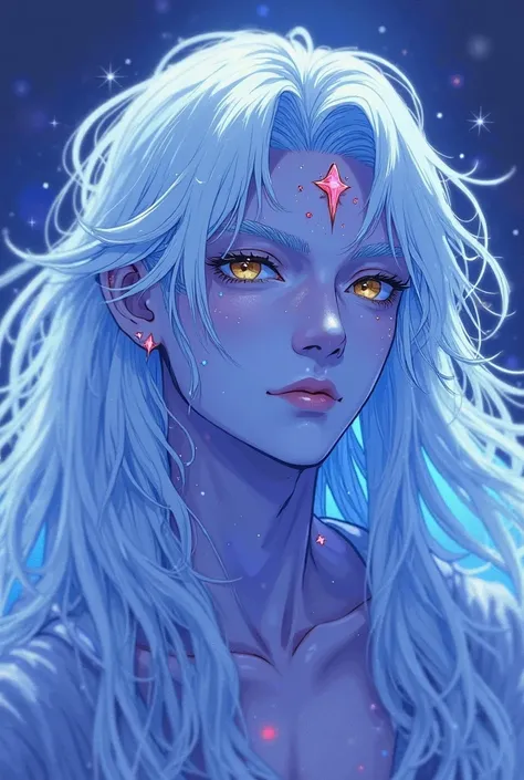 An anime style medium shot of blue skin long white hair, angelic man with a sfumato effect. He is a hybrid of the mollusk sea angel and has golden eyes and white eyelashes. The young man is a tritón. He is the most beautiful man in the world. There are sta...