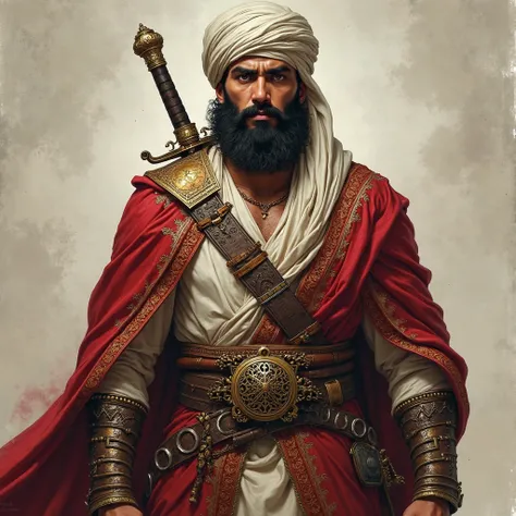    one man  , Arabic features ,beard ,   wearing an ornate dress ,   brown turban   , He carries an Arab sword ,  Hazel eyes   , sharp eyes , Strong body , muscular ,Wise Arab facial features