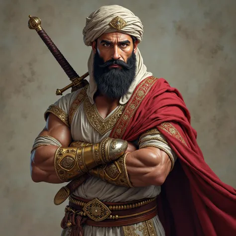    one man  , Arabic features ,beard ,   wearing an ornate dress ,   brown turban   , He carries an Arab sword ,  Hazel eyes   , sharp eyes , Strong body , muscular ,Wise Arab facial features