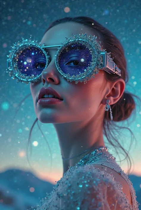  The model wears glass sunglasses with stars and the moon in the glass