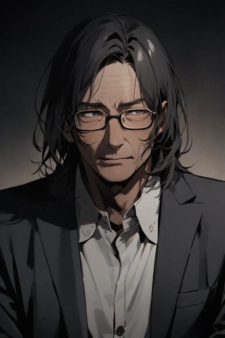 The background of a man in his 40s with glasses is dark