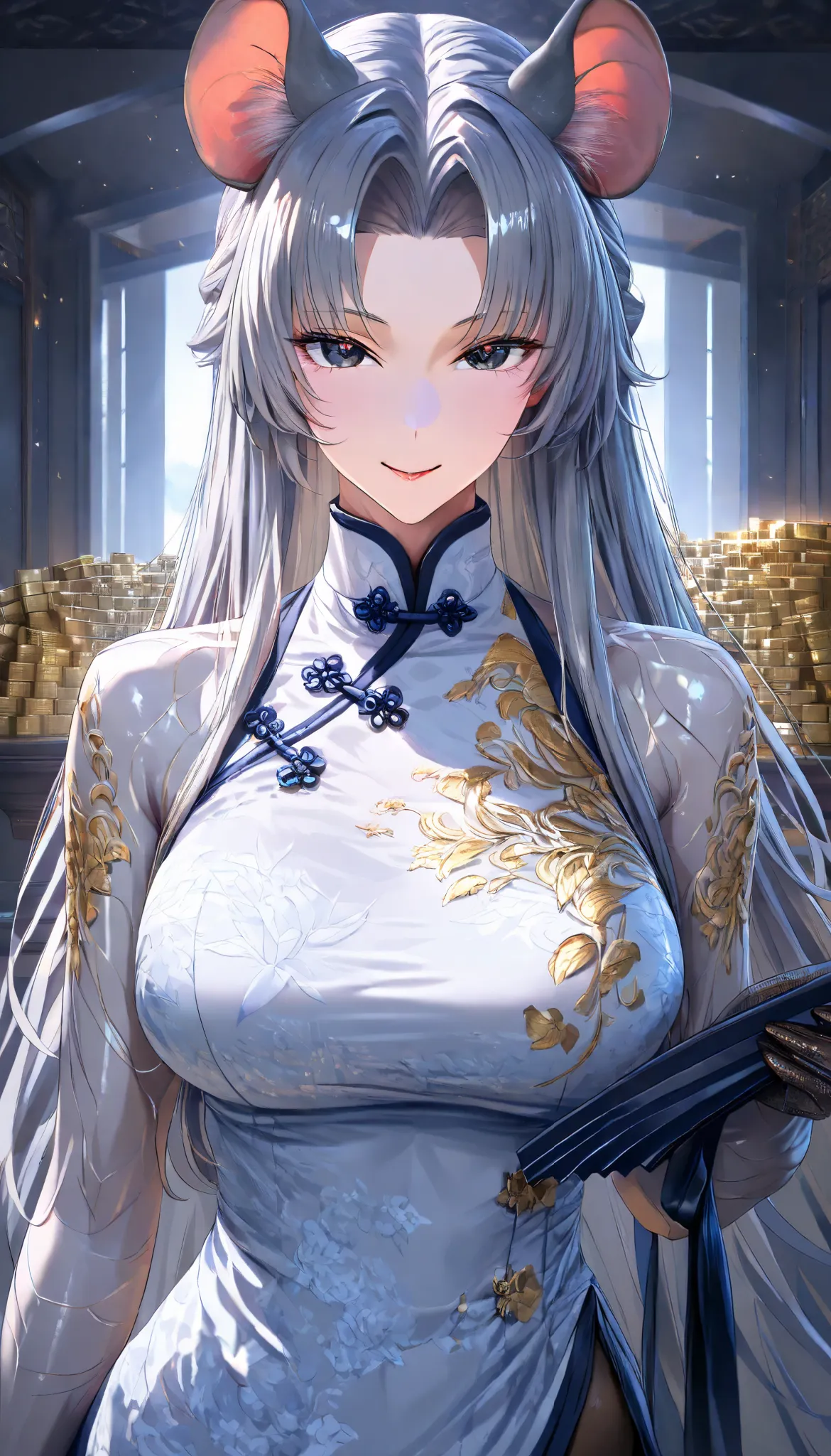 SOLO, A Mouse Female ,Perfect body, Oppai, (Gray Mouse ears), (Gray hair, curtained hair,Thick side hair),Black eyes, Wearing A Gray Sleeveless Cheongsam , Black Silk pantyhose, (In A Chinese classical vault full of gold bricks), (Holding a Folding fan in ...