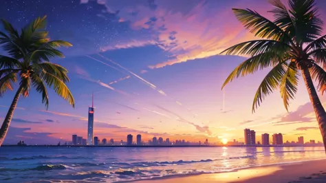  beach scenery  、sunset、yellow sun, purple color , palm  , Stars and big buildings  , Purple Clouds,  Miami's retro vibe,   nostalgic, Metropolis
