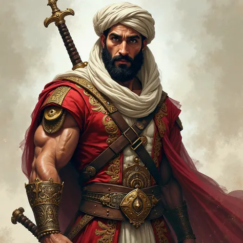    one man  , Arabic features ,beard ,   wearing an ornate dress ,   brown turban   , He carries an Arab sword ,  Hazel eyes   , sharp eyes , Strong body , muscular ,Wise Arab facial features