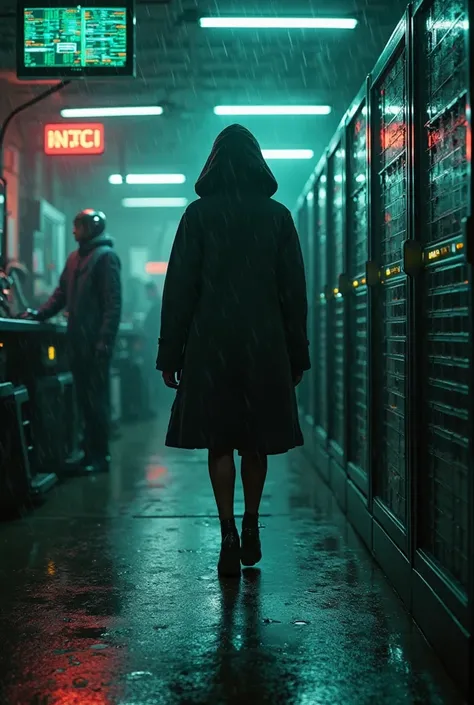 high quality,  8K Ultra HD, The neon city of the future, streets are immersed in darkness, it&#39;s raining.   black girl in a long coat and hood, her face is covered by a hood and we can't see her full face. She walks into a clandestine cyber lab. There a...