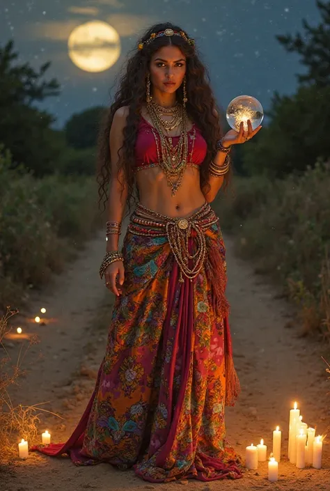 Pombagira Gypsy (Gemini)

A gypsy-looking woman wearing a colorful skirt, red blouse and lots of golden bracelets and necklaces. Her hair is long and curly, with a cunning and mischievous look. Holds Tarot cards or a crystal ball, surrounded by candles and...