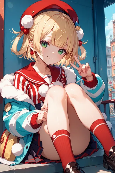 shigure ui \(vtuber\),green eyes, blonde hair, short hair,hair rings,pom pom hair ornament,beret,striped jacket,red sailor collar,pom pom (clothes),striped skirt,red socks,black loafers