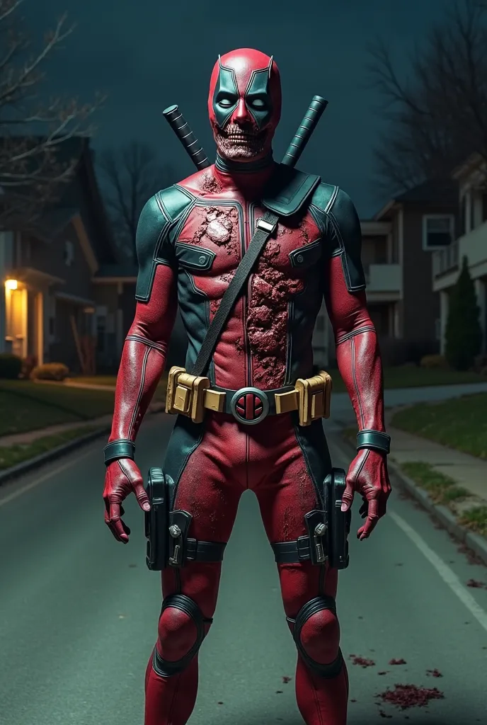 "A dark and eerie night-time scene featuring a terrifying zombie version of Deadpool standing on a quiet suburban street. His red and black suit is heavily torn, revealing decayed flesh, exposed ribs, and rotting muscle. His face is a grotesque mix of skul...