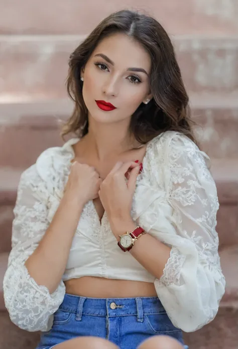 arafed woman sitting on steps with a watch on her wrist, a beautiful woman in white lace, "red lips"