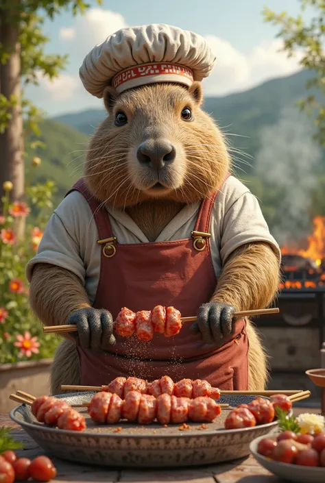 create an image of georgian capybara making kebab