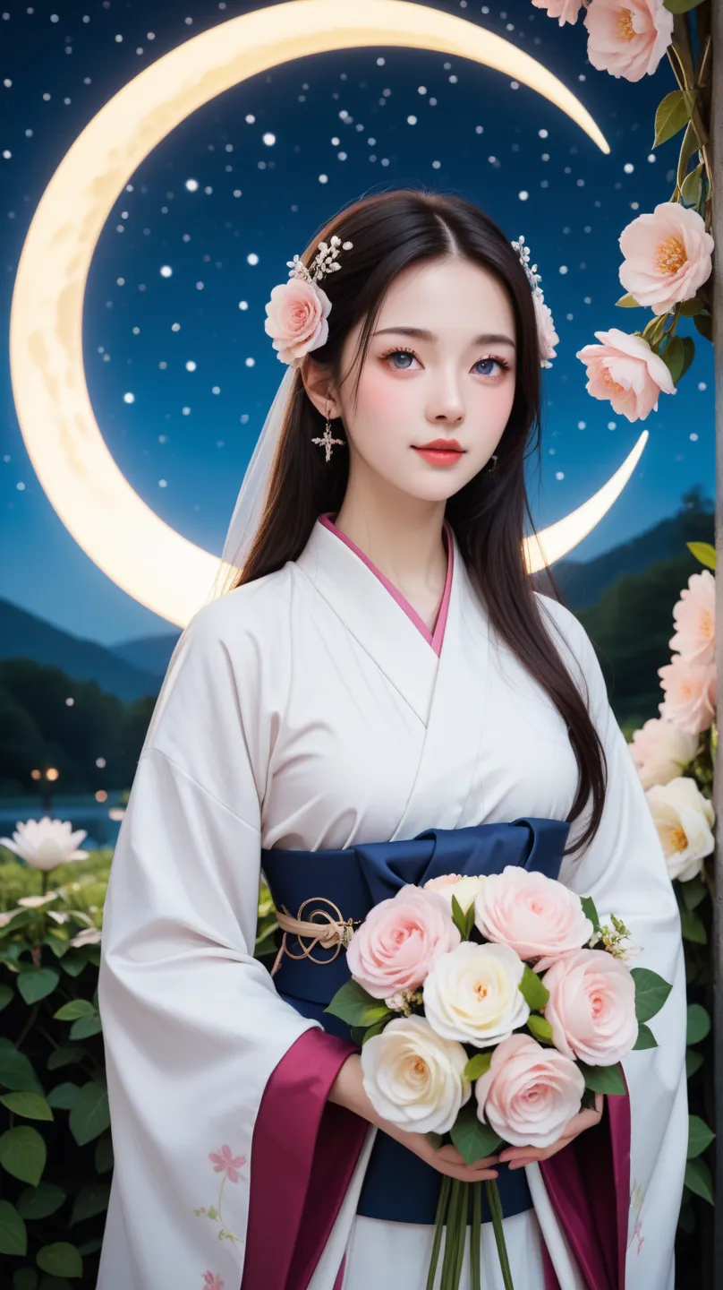 A mystical fortune-telling character designed around the theme of reconciliation and love revival. The character is a young woman with a calm and soothing aura, dressed in an Kimono outfit blending soft pastel colors like lavender, blush pink, and light bl...