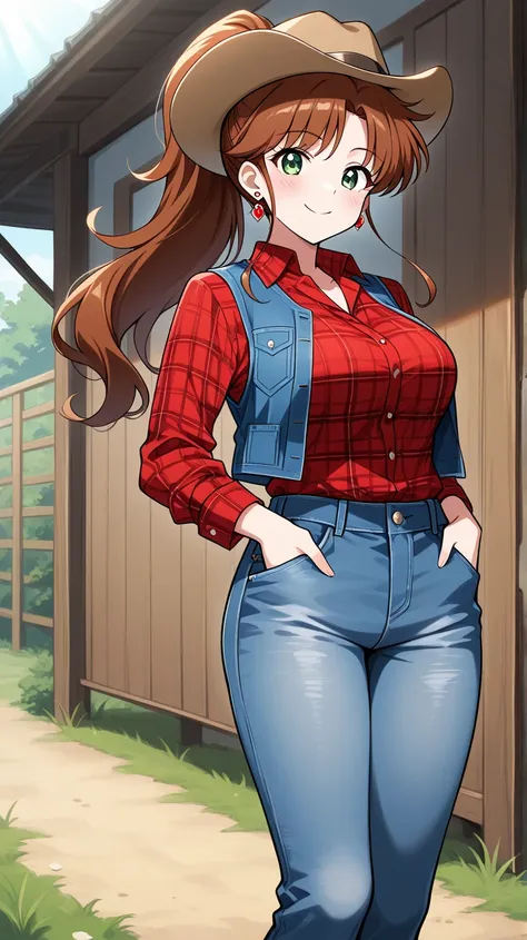 1 girl, obra maestra, mejor calidad, SMiLE, LONg hair, blush face, Brown hair, green eyes, ponytail hairstyle, medium boobs, rose earrings, red earrngs, Kino Makoto, FARM BACKGROUND, PLAID FORMAL SHIRT, RED SHIRT, LONG SLeEVES, DENIm VesT, OPEN VEST, COWBO...