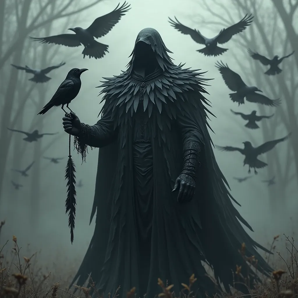 a big man dressed as a crow with a tail in his hand and a flock of crows behind him