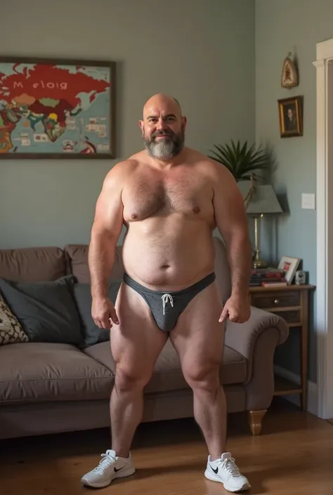 52 year old white guy, chubby, big chest , bald, pale, dark hair, 5 o’clock shadow, thicker build, abs, 5ft 7, abs, bushy pubic hair, penis sticking out of underwear, big calves, strong legs, well tanned,white running shoes, no shirt, thongs, wearing male ...