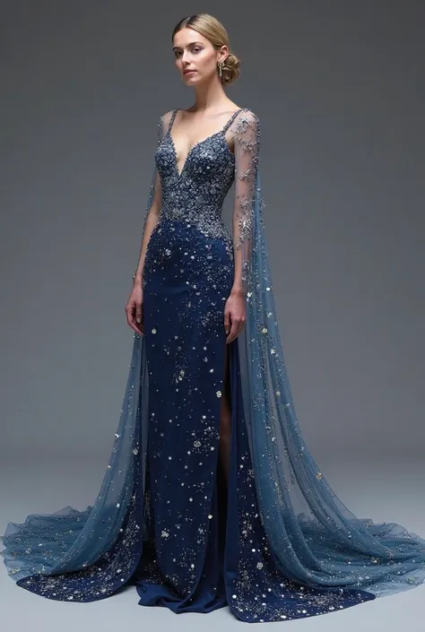 1. Celestial Goddess Gown

Design: A floor-length gown with a fitted bodice and a flowing, asymmetrical skirt. The fabric is a blend of midnight blue and silver, adorned with shimmering sequins and crystals to mimic stars. The neckline is a plunging V, wit...