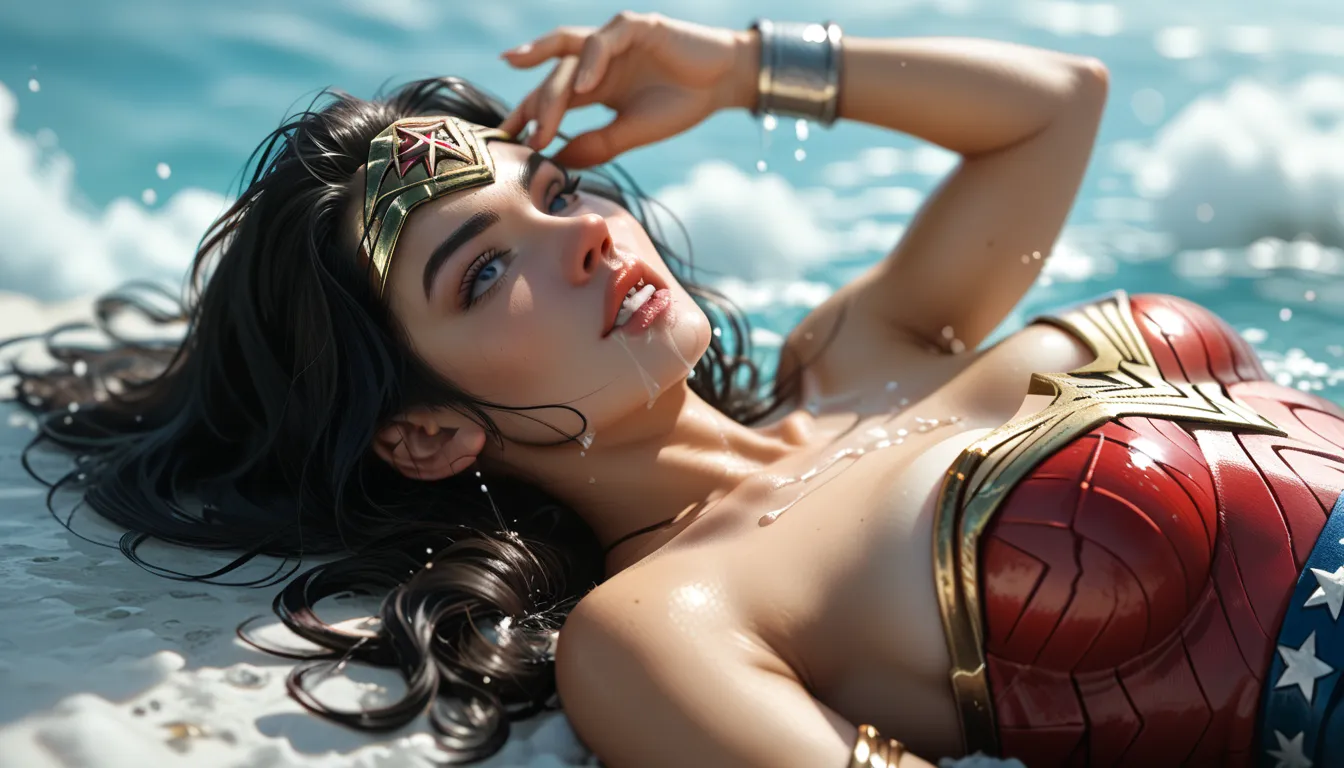  Wonder Woman Lying On Her Back、(((Spit falling in a straight line from directly above towards Wonder Woman's mouth)))、