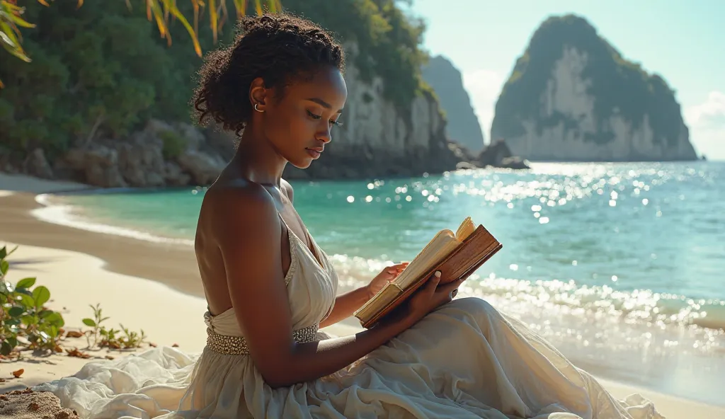 Beautiful 25 year old black girl, wearing evening gown showing off her body, sitting reading a book on a magical beach