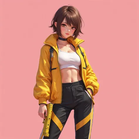 (masterpiece, best quality), 1girl, Kelly character (freefire game character), freefire 2017, Kelly female character, short brown hair, sharp eyes, (yellow jacket:1.2), (black sportswear:1.1), yellow and white track pants, white top, athletic body, holding...