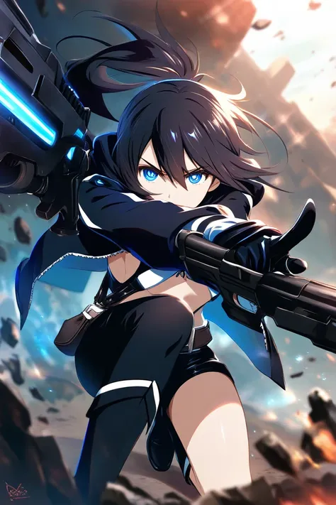 Female protagonist of the anime Black Rock Shooter pointing her gun.