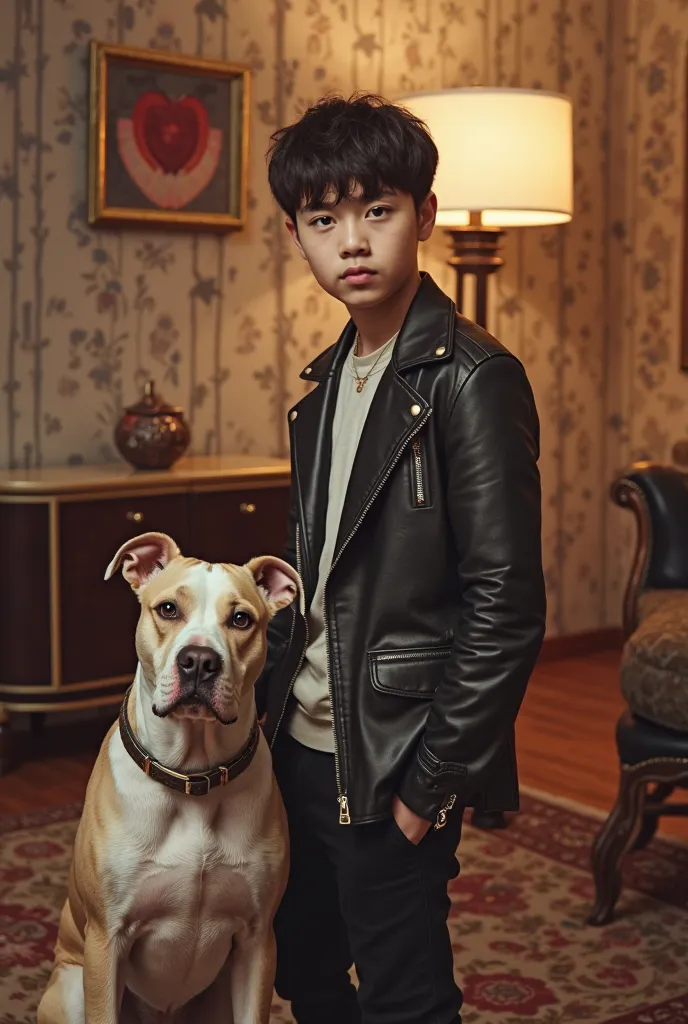 Handsome K-pop singer next to his pitbull dog next to an amazed girl movie poster 