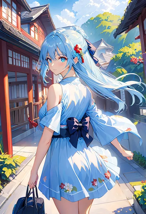 Anime School Girl,  hair,  short kimono, Bare wrist, Bare back, Shoulders, walk,  long hair, light blue hair, watch viewers,  blue eyes