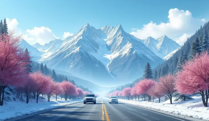 Clear Spring Day 、Building Street Intersection、There are 5 large mountains lined up horizontally in the background that fill the screen、(Snow is piled up on the top of the mountain)、The car is running forward