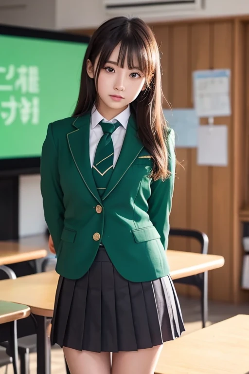 Masterpiece,  top quality,  One Girl , Alone, Nahida_genshin, Cross-shaped pupil,  school uniform,  green tie,  blazer,  pleated skirt at the top of the screen,  green cape,  is standing  