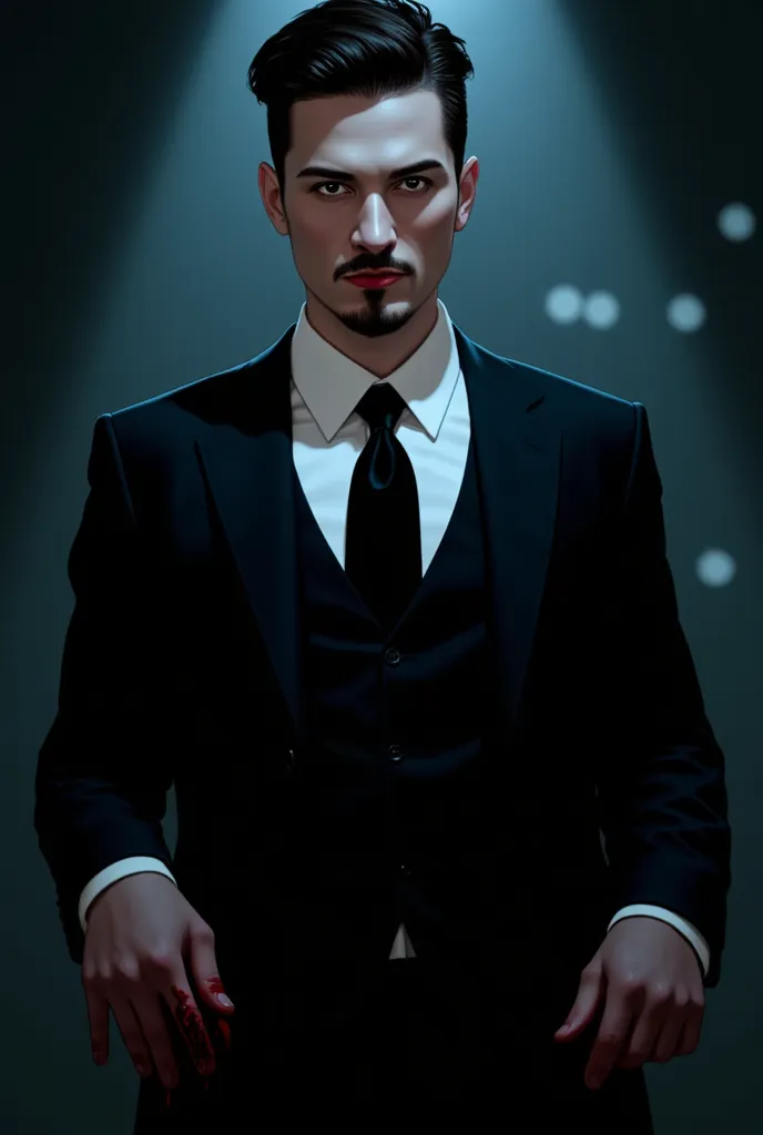 Shia LeBeouf, A highly detailed dark fantasy illustration of a dark and atmospheric horror-style image showing an intimidating figure portrayed by Shia LeBeouf in an art style inspired by Frank Miller's Sin City Comic Book. He has blood on his hands and ar...