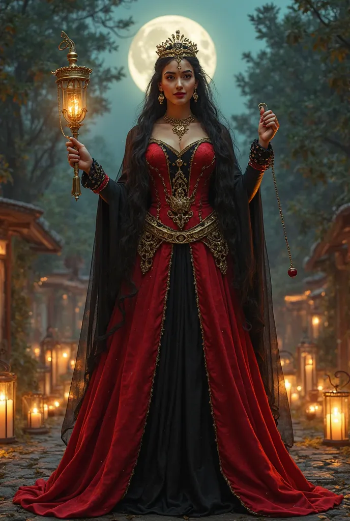 Pombagira Rainha das 7 Encruzilhada 

A majestic woman in a red and black dress with gold details, crowned with a shimmering headband.  His presence is impressive , with a scepter in one hand and a candle in the other. It is at the center of a crossroads i...