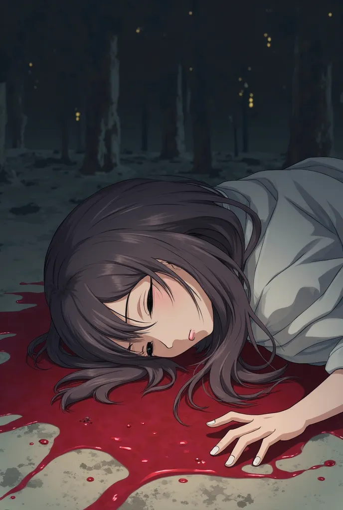 Anime girl wearing cape, girl died, girl laying on the ground, bloody, face is peaceful 