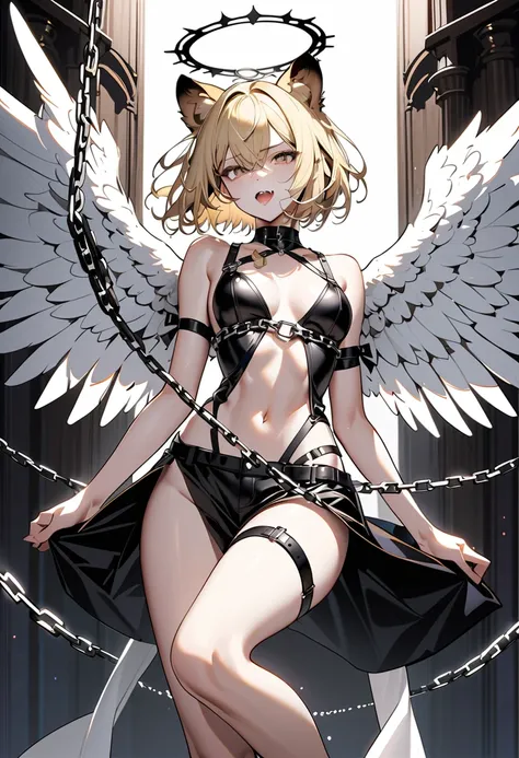 (best quality, masterpiece, ultra highres, ultra-detailed:1.2) ,
highly detailed digital illustration, 

A blindfolded angel with large, detailed white wings, blonde, wearing black leather straps and chains. The character has a slender, feminine body with ...