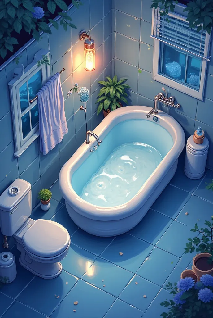 Cartoon photo of bathroom with empty bath tub at night time, aerial view