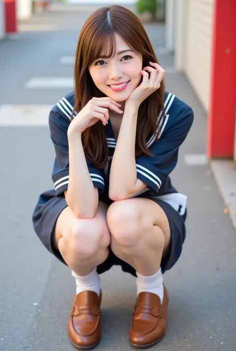 Japanese woman like an idol , long hair , straight hair , round face , sailor suit , like a picture,Squatting,pantyshot,fullbody,white socks,brown lofer,,((looking,for viewer)).live action , Genuine, cute young girl , beautiful reflective eyes , beautiful ...