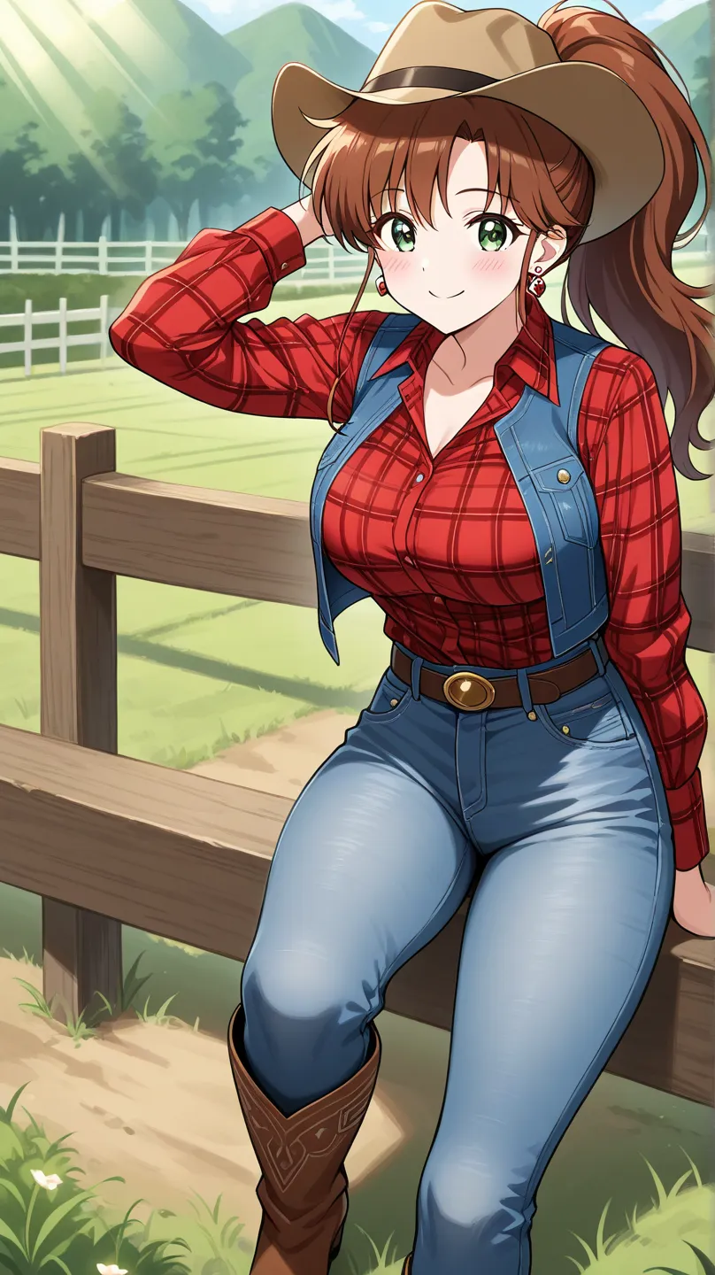 1 girl, obra maestra, mejor calidad, SMiLE, LONg hair, blush face, Brown hair, green eyes, ponytail hairstyle, medium boobs, rose earrings, red earrngs, Kino Makoto, FARM BACKGROUND, PLAID FORMAL SHIRT, RED SHIRT, LONG SLeEVES, DENIm VesT, OPEN VEST, COWBO...