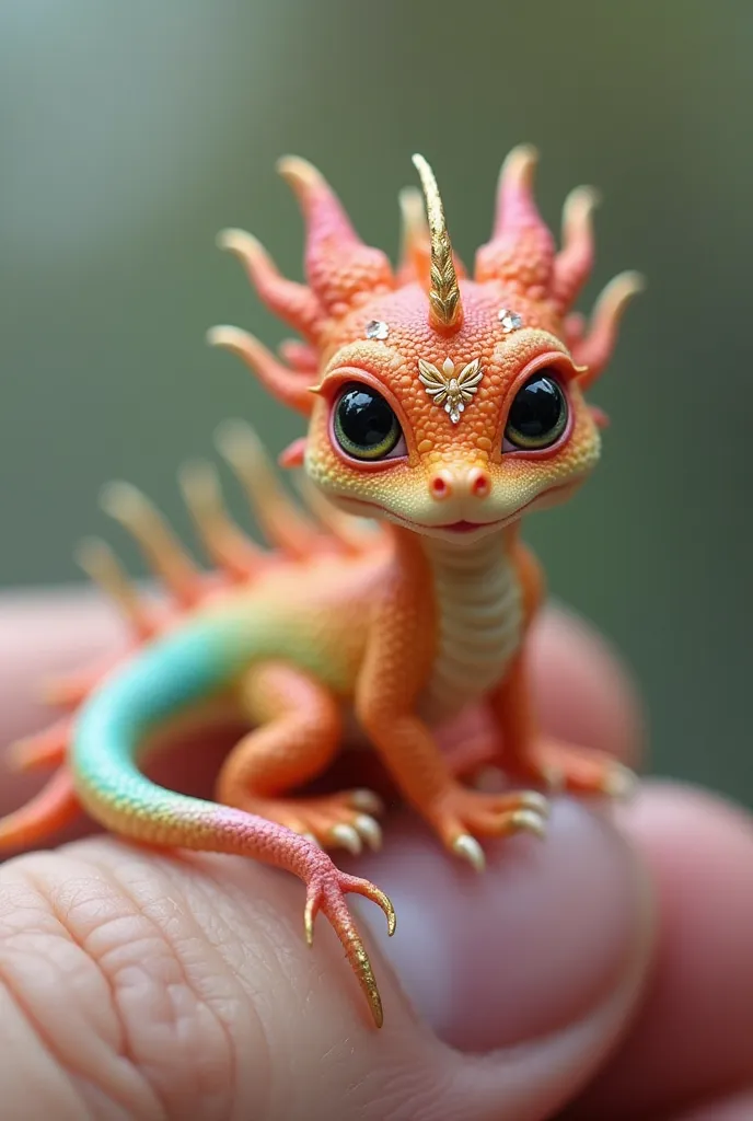  A small rainbow dragon is gripping your finger、 The bright little dragon has an elaborately decorated gold amulet on your finger.、 Pastel colorsの七色の毛のかわいいドラゴン、 hair 、The hairs on my body  、 ตาโต cute 、  cute 、novel、แท้TRUE、sporty、 my hands are resting on ...