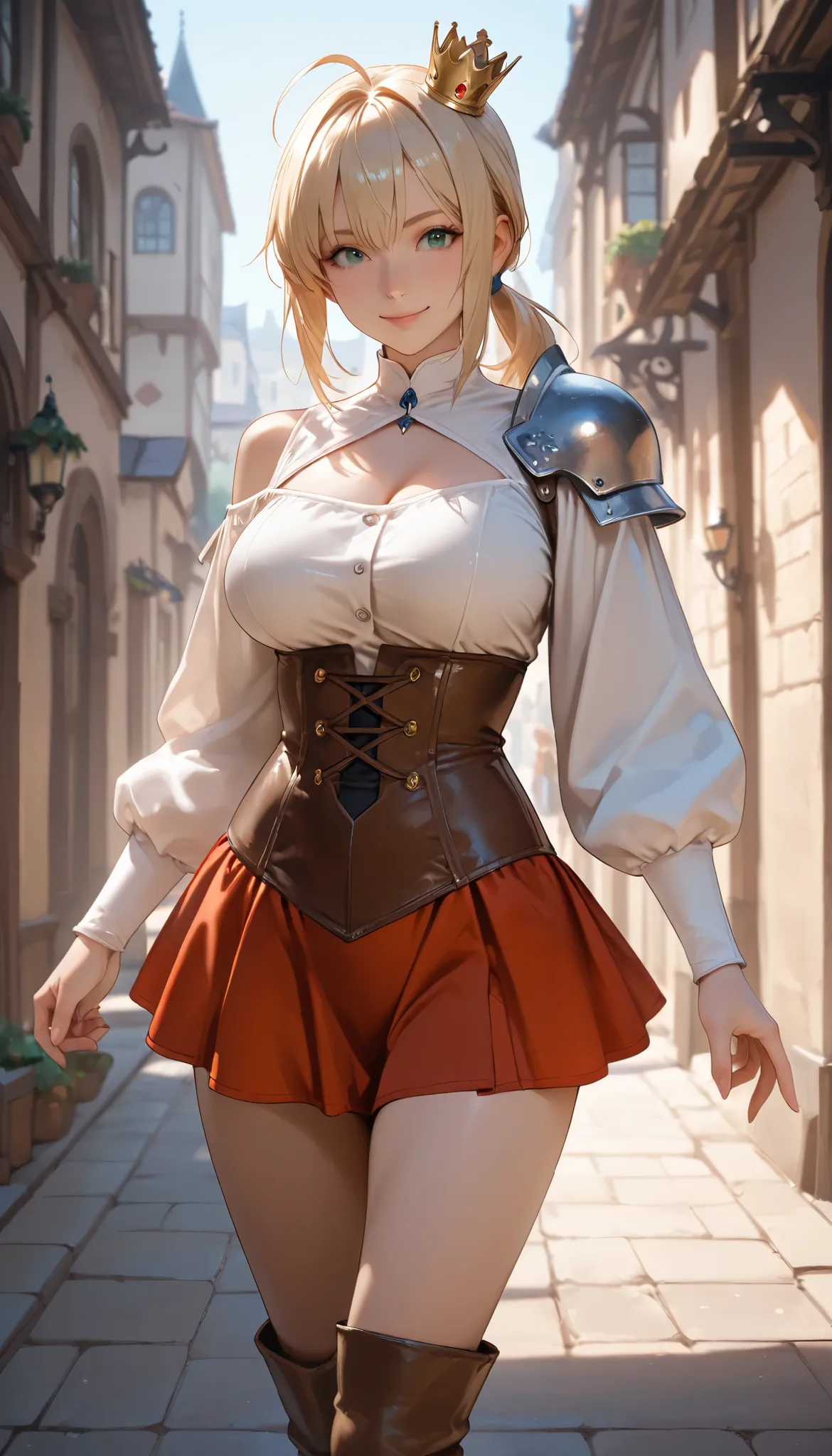 (sfw:1.5), (realistic), (masterpiece, Best Quality, High resolution, detail hands, detail fingers, detail face, detail leg, perfect lighting), (1girl, detail girl, 20 years old girl), (blonde hair, single pigtail hair, green eyes, large breasts:1.1), (mini...