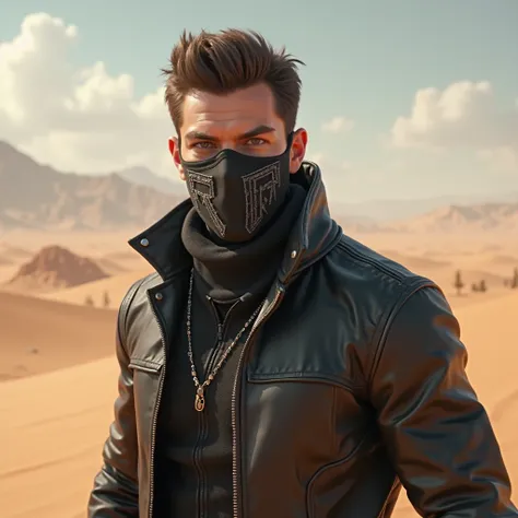  leather jacket、handsome、male、 black mask 、3D Animation、Semi-realistic、King of the Desert、FRz letters on mask