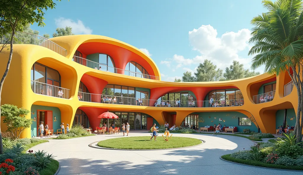 
_"An architectural rendering of a modern kindergarten designed in an innovative crescent-shaped layout. The three-story building features playful, cheerful forms, vibrant colors, and creative windows, creating an exciting and welcoming environment for ren...