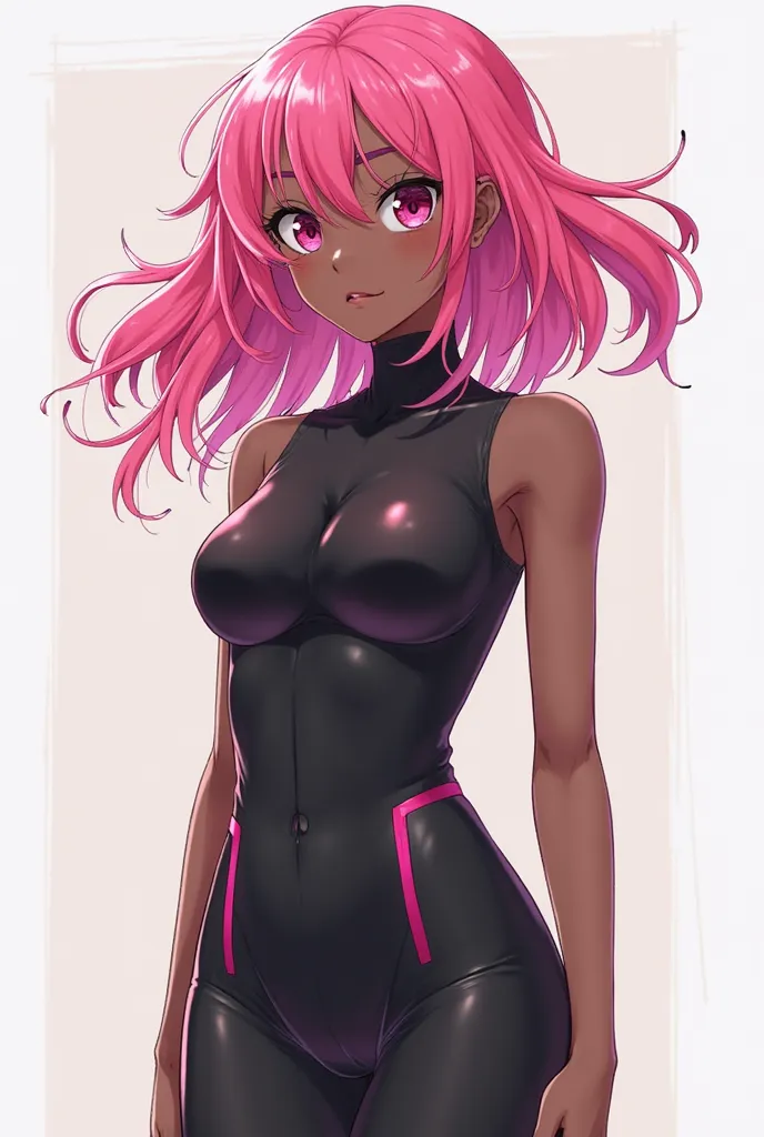 Chat gpt makes an image of a black anime girl with pink hair and pink clothes and a black jumpsuit with pink hair and white clothes kawaii