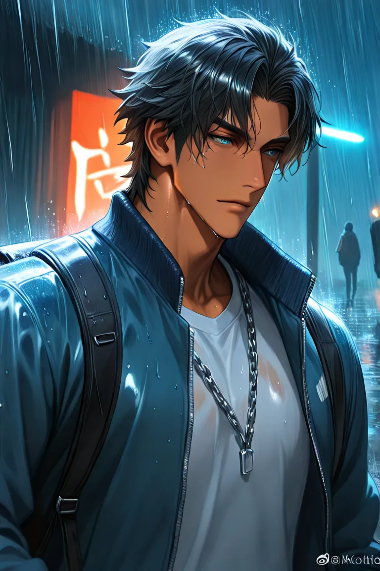 1boy, jacket, rain, outdoor, sweatshirt, open jacket, chain, backpack, looking at other, hair split in middle, tanned skin, boy gender, boy focus, trend in artstation, 8k resolution, highly detailed, anatomically correct, sharp image, digital painting, con...