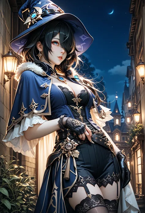 outdoor,night,(hair over eyes:1), natural make up,black hair,  lace stockings,black lace gstring ,belt, capelet, cleavage, gloves, hat, hat belt, jewelry, necklace, pendant, black and blue capelet,black and blue headwear, vision \(genshin impact\), witch, ...