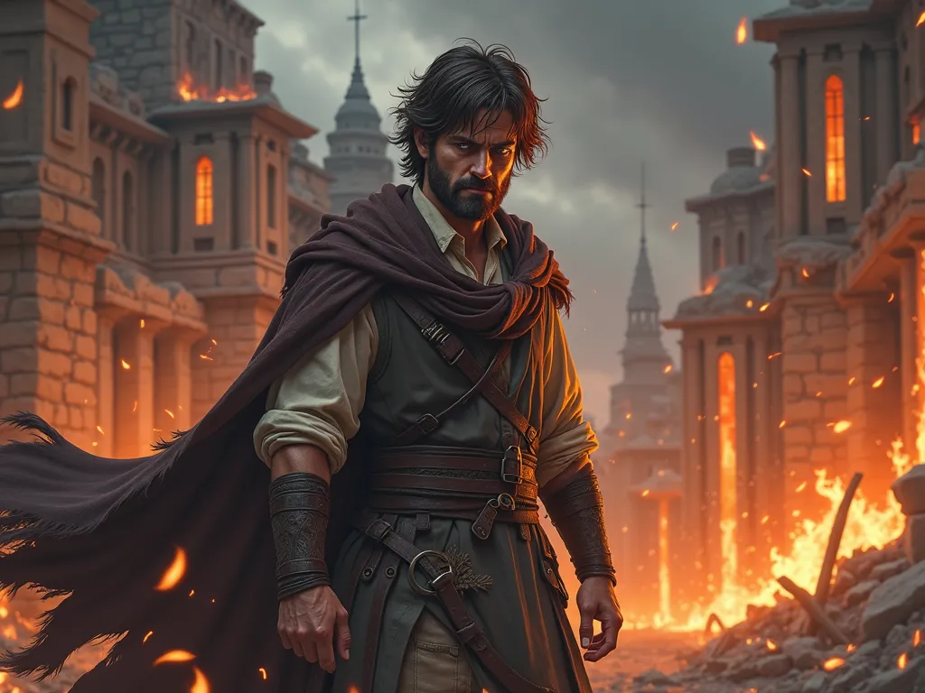 Wounded wizard short brown hair and short beard in a burning kingdom hidden in realistic medieval anime style 